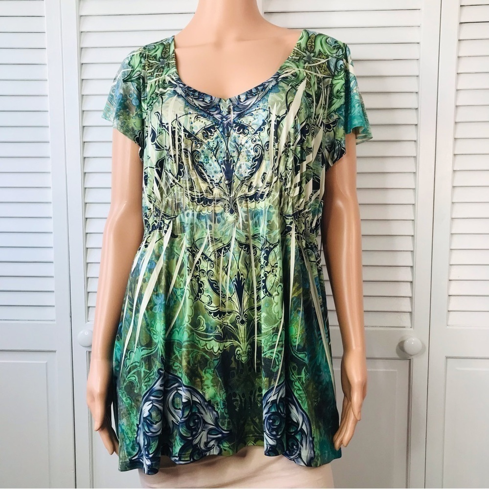 APT 9. Wild Fire Diamond Henley Flutter Sleeve Blouse Size 1X